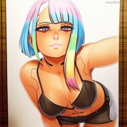 2025 ai_generated artist_name blue_hair breasts cleavage crazyfishbones female large_breasts looking_at_viewer lucy_(cyberpunk) multicolored_hair pink_hair shorts solo