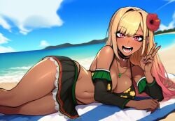1girls ai_generated alternate_skin_color beach bikini bikini_under_clothes blonde_hair breasts choker female flower kitagawa_marin large_breasts legs_together mexican_female on_side outdoors peace_sign pinup race_swap self_upload skirt smile solo sono_bisque_doll_wa_koi_wo_suru v viriai