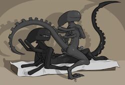 alien alien_(franchise) anal anal_sex balls_deep cum cum_in_ass cum_inside cum_string das dripping faceless gay grin leaking long_tail male male_xenomorph messy on_top penetration penis petresko reverse_cowgirl_position sex smile xenomorph yaoi