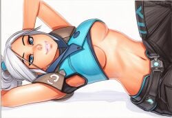 2025 ai_generated artist_name blue_eyes breasts crazyfishbones crop_top female jett_(valorant) large_breasts looking_at_viewer lying midriff navel solo