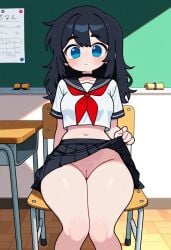 ai_generated black_eyes black_hair blue_eyes chibi chibi_style civitai cookiasncream japanese japanese_text long_hair red_scarf school school_uniform skirt skirt_up
