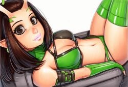 2025 ai_generated artist_name breasts brown_eyes crazyfishbones female green_bikini green_gloves green_legwear large_breasts long_hair original solo thighhighs