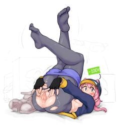 1girls anus blue_eyes blush feet feet_up fingerless_gloves hat looking_at_viewer maximumpingas on_back open_mouth pantyhose partially_clothed pink_hair presenting pussy pussy_juice smile spread_pussy steam_delivery_girl thick_thighs torn_clothes