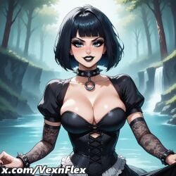 ai_generated bangs black_dress black_hair black_lips black_nails blue_eyes blunt_bangs bob_cut breasts cleavage collar collarbone corset day dress earrings eyeshadow female gloves goth goth_girl gothic hi_res high_resolution jewelry large_breasts lily_(vexnflex) looking_at_viewer makeup mascara nail_polish nature outdoors patreon_username piercing puffy_short_sleeves puffy_sleeves short_hair short_sleeves smile solo spiked_bracelet spiked_collar spikes vexnflex water watermark