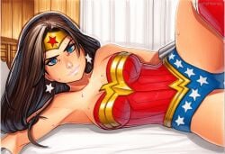 2025 ai_generated artist_name blue_eyes breasts brown_hair crazyfishbones dc dc_comics female jewelry large_breasts long_hair looking_at_viewer lying solo wonder_woman wonder_woman_(series)
