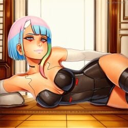 2025 ai_generated artist_name blue_hair breasts cleavage crazyfishbones elbow_gloves female gloves large_breasts lucy_(cyberpunk) pink_hair short_hair solo