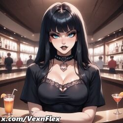 ai_generated bangs bar_(place) black_hair black_lips black_nails blue_eyes blunt_bangs blush breasts choker cleavage cocktail collar collarbone cup drink drinking_glass female fruit goth goth_girl gothic heart heart_o-ring hi_res high_resolution indoors lace_trim large_breasts lipstick long_hair looking_at_viewer makeup orange_(fruit) parted_lips patreon_username pov_across_table rosa_(vexnflex) short_sleeves solo solo_focus spiked_collar spikes upper_body vexnflex watermark