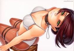 2025 ai_generated artist_name blush breasts cleavage crazyfishbones female green_eyes large_breasts long_hair looking_at_viewer reze_(chainsaw_man) simple_background solo