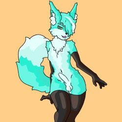 1:1 absurd_res anthro balls blue_body blue_fur blue_hair cheek_tuft clothing eyebrow_slit eyebrows facial_tuft fluffy fur genitals gloves green_eyes hair handwear hi_res humanoid_genitalia humanoid_penis inner_ear_fluff legwear looking_at_viewer male neck_tuft nude open_mouth penis solo standing tail thigh_highs tuft wide_hips zarrias