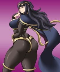 2019 big_breasts bodystocking breasts breasts_bigger_than_head bubble_butt female fire_emblem fire_emblem_awakening hi_res kailyn kreativekailyn looking_at_viewer looking_back nintendo seductive seductive_eyes seductive_look seductive_pose seductive_smile simple_background tharja_(fire_emblem) thick_ass thick_thighs