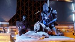 16:9 alien bed bioware celius_acillion electronic_arts furniture genitals group harness hi_res holding_penis imminent_sex kneeling lying male male/male mass_effect nude on_front penis pillow ralic_turman sitting trio turian widescreen