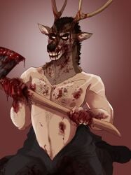 animal_head animal_humanoid antlers black_clothing blood blood_on_axe blood_on_face blood_on_hand bodily_fluids clothed clothing deer deer_humanoid for_a_head front_view grin hi_res horn horror_(theme) humanoid imperatorcaesar looking_at_viewer male mammal mammal_humanoid narrowed_eyes nightmare_fuel nipples open_clothing smile solo tan_body tan_skin topless