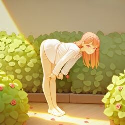 ai_generated bent_over cute functionally_nude functionally_nude_female garden looking_at_viewer mezrus rose_(flower) shirt_only