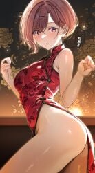 ass bare_arms bare_legs bare_shoulders bare_thighs blush breasts brown_hair china_dress chinese_clothes hairpin higuchi_madoka idolmaster idolmaster_shiny_colors medium_breasts mole mole_under_eye no_panties parted_lips purple_eyes red_dress shiitake_taishi shiny_skin short_hair sleeveless_dress thighs