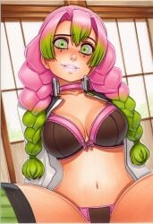 2025 ai_generated artist_name braid breasts crazyfishbones female green_hair kanroji_mitsuri kimetsu_no_yaiba long_hair multicolored_hair solo underwear