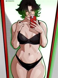 1girls black_underwear female flashlight lingerie mirror mirror_selfie nymphennoten pale_skin red_eyes selfie short_hair skinny skinny_girl thick_thighs thighs underwear