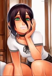 2025 ai_generated artist_name black_hair choker crazyfishbones female green_eyes looking_at_viewer reze_(chainsaw_man) shirt short_hair short_sleeves sitting solo
