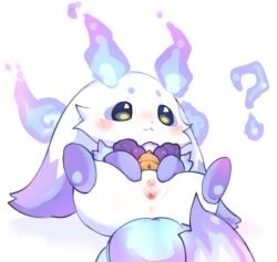 ? ambiguous_form animal_genitalia animal_pussy anthro anus bell blue_body blue_ear_tips blue_fire blue_fur blue_tail blush chibi colored_fire dipstick_ears ear_markings female fire fur genitals green_eyes humanoid_genitalia humanoid_vulva kirichiiii lunlun_(nijisanji) multicolored_ears nijisanji pussy semi-anthro simple_background solo spread_legs spread_pussy spread_vulva spreading tail unknown_species virtual_youtuber vtuber vulva white_background white_body white_ears white_fur