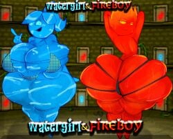 1boy 1girls blue_body blue_eyes bra fireboy fireboy_and_watergirl huge_butt panties red_body tagme tagme_(artist) thick_body thick_thighs watergirl yellow_eyes
