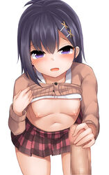 black_hair breasts breasts_apart cardigan censored erection eyebrows_visible_through_hair female gabriel_dropout hair_ornament hairclip handjob head_tilt highres leaning_forward long_sleeves looking_at_viewer mizushina_minato navel nipples open_mouth penis plaid plaid_skirt purple_eyes red_skirt school_uniform shirt shirt_lift simple_background skirt small_breasts solo_focus tsukinose_vignette_april white_background white_shirt x_hair_ornament