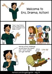 2boys 2d 3girls bandana black_hair blonde_hair blue_eyes blush brown_hair cartoon cartoon_network chef_hat chef_hatchet chris_mclean cleavage clothed comic comic_page courtney_(tdi) dark-skinned_female dark-skinned_male dark_skin dialogue goth goth_girl gwen_(tdi) large_breasts lindsay_(tdi) pale_skin skirt smile standing text total_drama_(series) total_drama_island two-tone_hair