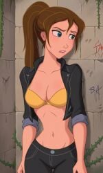 1girls ai_generated ass bigmic145 biker_clothes biker_girl bra breasts cleavage disney disney_princess female female_only jacket jane_porter jungle_girl medium_breasts midriff navel pants ponytail sleeves_rolled_up solo solo_female stars tarzan_(1999_film)