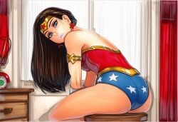 2025 ai_generated artist_name ass blue_eyes brown_hair crazyfishbones female jewelry long_hair looking_at_viewer looking_back sitting solo wonder_woman
