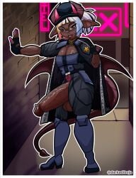 black_skin dark_alley darkadibuja demon horns huge_cock orange_eyes police_uniform white_hair wings