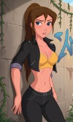 1girls ai_generated ass bigmic145 biker_clothes biker_girl bra breasts cleavage disney disney_princess female female_only jacket jane_porter jungle_girl medium_breasts midriff navel pants ponytail sleeves_rolled_up solo solo_female stars tarzan_(1999_film)