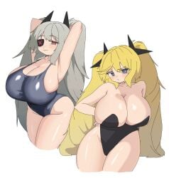 :3 alternate_breast_size annoyed armpits arms_behind_head black_leotard blush clear_(djmax) cleavage curvy djmax fail_(djmax) gigantic_breasts hand_on_hip leotard looking_at_viewer school_swimsuit smug sukumizu swimsuit thick_thighs voluptuous wide_hips