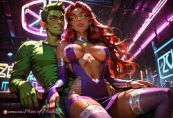 ai_generated bangs beast_boy beast_boy_(teen_titans) blush blush cleavage club couple couple_(romantic) glowing_eyes green_eyes green_eyeshadow large_breasts makeup manofmidas navel_piercing necklace nightclub purple_dress red_hair revealing_dress sideboob sitting_on_lap sleeves starfire starfire_(teen_titans) tanlines teen_titans thigh_highs underboob