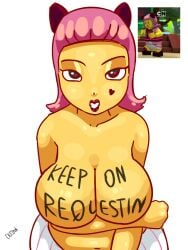 breasts cat_ears chszan_chan fake_animal_ears female gamer_geek_(ninjago) gamer_girl ninjago pink_hair prime_empire_(ninjago) text_on_body text_on_breast topless variant_set white_background yellow_skin