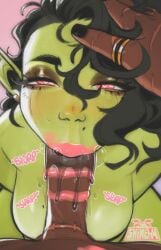 1boy 1girls black_eyeshadow black_hair blowjob breasts dark-skinned_male dark_skin eymbee fellatio female female_focus goblin goblin_female green_skin heart-shaped_pupils hi_res lipstick_mark lipstick_on_penis male male_pov narrowed_eyes oral penis pink_eyes pink_lipstick pointy_ears pov pov_eye_contact shaved_side