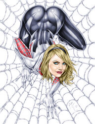 1girls actress armando_huerta ass black_hair_ornament black_hairband blonde_hair blue_eyes bodysuit celebrity colored dat_ass emma_stone eyelashes female female_only gwen_stacy hair_ornament hairband hips legs lips long_hair looking_at_viewer marvel solo spider-gwen spider-man_(series) spread_legs tagme thighs