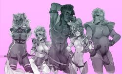 1futa 2boys 2girls dark_skin five_nights_at_freddy's five_nights_at_freddy's:_security_breach glamrock_bonnie_(fnaf) glamrock_chica_(fnaf) glamrock_freddy_(fnaf) human looking_at_viewer male_pubic_hair montgomery_gator_(fnaf) nude nude_female nude_male pierced_nipples piercing pubic_hair roxanne_wolf_(fnaf)