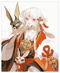 braid fan female hair_ornament holding japanese_clothes kimono mask obi open_mouth sash solo white_hair yellow_eyes
