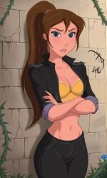 1girls ai_generated ass bigmic145 biker_clothes biker_girl bra breasts cleavage disney disney_princess female female_only jacket jane_porter jungle_girl medium_breasts midriff navel pants ponytail sleeves_rolled_up solo solo_female stars tarzan_(1999_film)