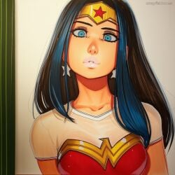 2025 ai_generated artist_name bare_shoulders blue_eyes breasts cleavage crazyfishbones dc dc_comics female jewelry lips long_hair looking_at_viewer solo wonder_woman wonder_woman_(series)