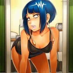 2025 ai_generated artist_name bent_over blue_hair breasts cleavage crazyfishbones downblouse female jiro_kyoka large_breasts leaning_forward short_hair solo
