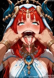 1boy after_fellatio ahe_gao ai_generated armlet armpits arms_up bangs bare_shoulders blue_eyes blue_gemstone blush bodily_fluids bracelet breasts brooch circlet cleavage clothing crying crying_with_eyes_open cum cum_in_mouth cum_on_tongue detached_sleeves dress drooling earrings eyebrows facial fake_horns female female finger_in_another's_mouth gem genshin_impact gold_trim harem_outfit heart heart-shaped_pupils horns jewelry jousneystudio large_breasts long_hair looking_at_viewer male medium_breasts mouth_pull neck_ring nilou_(genshin_impact) nipples nose_blush nude open_mouth parted_bangs penis red_hair rolling_eyes saliva saliva_trail semen sidelocks sleeveless snot solo_focus straight sweat symbol-shaped_pupils tearing_up tears teeth tongue tongue_out trembling upper_body upper_teeth upper_teeth_only uvula veil white_dress