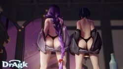 3d ass back_view braid bubble_butt dragk female genshin_impact japanese_clothes kimono light-skinned_female light-skinned_male long_hair male mother_and_son purple_hair raiden_shogun scaramouche_(genshin_impact) short_hair sister_and_brother thong undressing