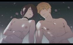 1boy1girl 2024 2d artist_name belly blonde_hair blonde_hair_male blush breasts breasts_out brown_eyes chainsaw_man chocorutt choker color colored couple_(romantic) denji_(chainsaw_man) exposed_breasts exposed_nipples flower green_eyes high_resolution highres long_hair_female looking_at_partner loving_gaze nipples panties perky_breasts perky_nipples purple_hair reze_(chainsaw_man) semi_nude sensual sharp_teeth short_hair_male small_breasts staring_at_another textless white_skin