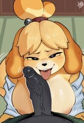accessory animal_crossing anthro apsel_bluestar big_breasts black_penis blonde_hair breasts canid canine canis clothed clothing domestic_dog duo erection female first_person_view floppy_ears fur genitals glans hair hair_accessory hair_tie hi_res humanoid_genitalia humanoid_penis isabelle_(animal_crossing) licking long_ears looking_at_viewer male male/female male_pov mammal nintendo open_clothing open_shirt open_topwear oral penile penis penis_lick sex shih_tzu shirt smile tongue topwear toy_dog vein veiny_penis yellow_body yellow_fur