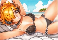 2025 ai_generated artist_name bikini blonde_hair breasts cleavage crazyfishbones day female lying navel original solo swimsuit