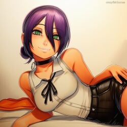 2025 ai_generated artist_name breasts choker crazyfishbones female green_eyes looking_at_viewer purple_hair reze_(chainsaw_man) short_hair smile solo