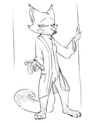 1girls anthro black_and_white canine clothing disney eye_contact female flat_chest fox fur half-closed_eyes hi_res looking_at_viewer mammal mature_female monochrome mrs._wilde nude pussy sketch solo standing visiti water zootopia