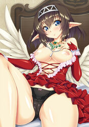 black_hair blue_eyes blush breasts cameltoe detached_sleeves dress feathered_wings female gekato hairband highres jewelry large_breasts lying navel necklace nipples on_back original panties pointy_ears solo underwear white_wings wings