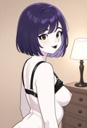 ai_generated bedroom black_lips black_lipstick civitai cookiasncream goth goth_girl looking_at_viewer purple_hair short_hair straight_hair