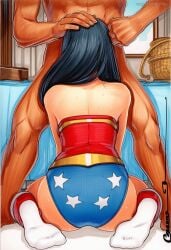 1boy 2025 ai_generated artist_name ass back black_hair crazyfishbones female head_out_of_frame long_hair muscular sitting straight wonder_woman