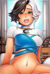 2025 ai_generated artist_name black_hair blue_eyes blush bottomless breasts crazyfishbones female luna_snow navel open_mouth short_hair solo